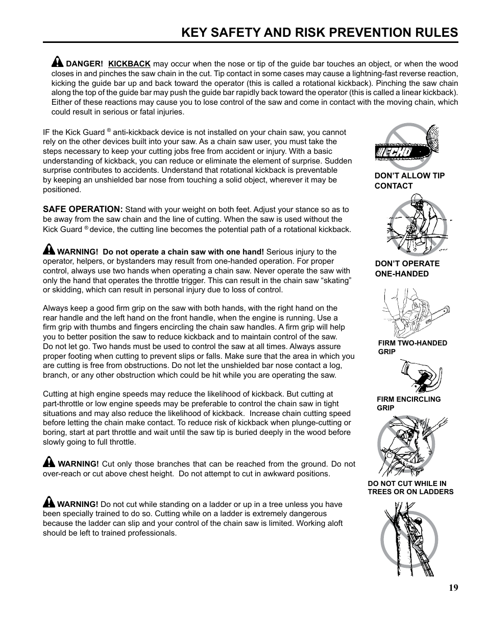 Key safety and risk prevention rules | Echo CHAIN SAW SAFETY MANUAL User Manual | Page 19 / 36