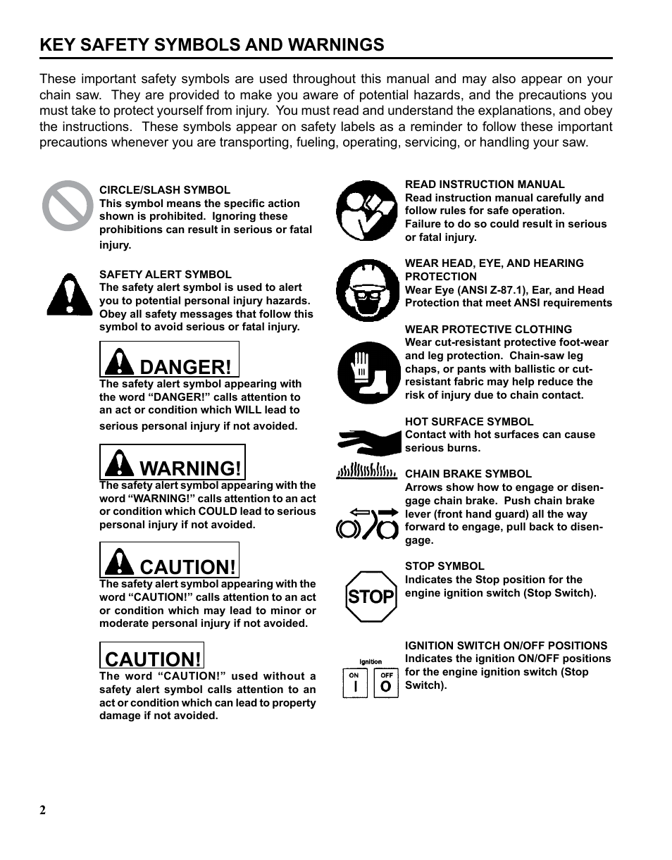 Danger, Warning, Caution | Key safety symbols and warnings | Echo CHAIN SAW SAFETY MANUAL User Manual | Page 2 / 36