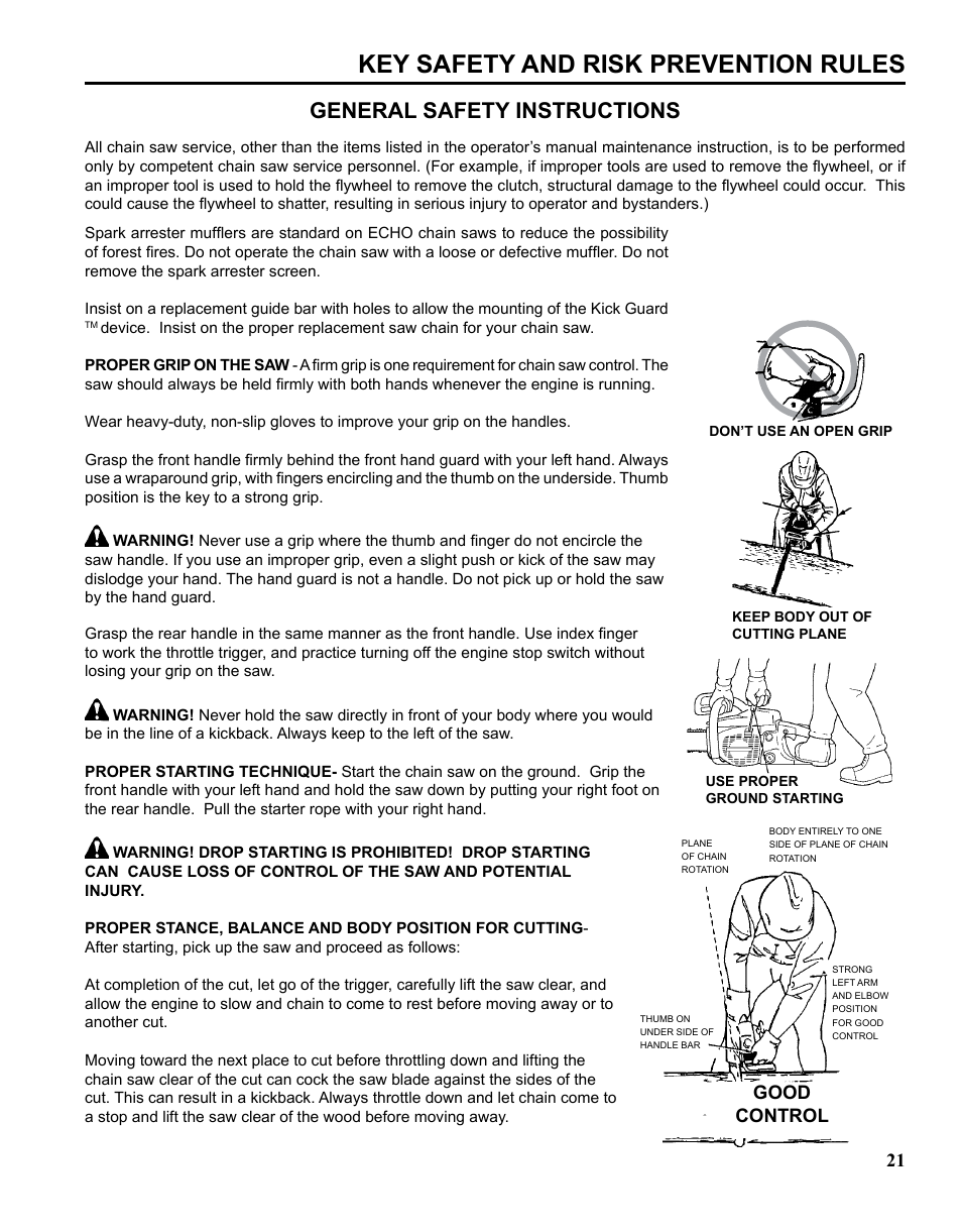 Key safety and risk prevention rules, General safety instructions | Echo CHAIN SAW SAFETY MANUAL User Manual | Page 21 / 36