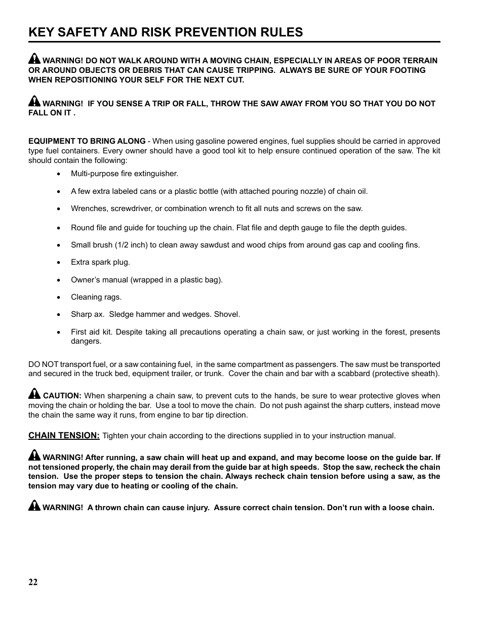 Key safety and risk prevention rules | Echo CHAIN SAW SAFETY MANUAL User Manual | Page 22 / 36
