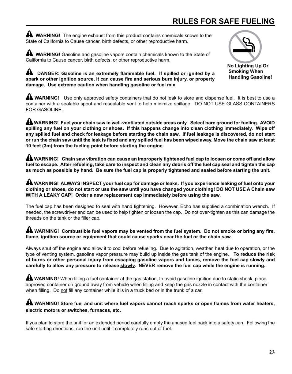 Rules for safe fueling | Echo CHAIN SAW SAFETY MANUAL User Manual | Page 23 / 36