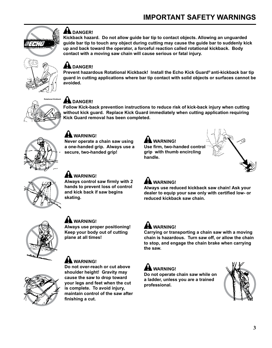 Important safety warnings | Echo CHAIN SAW SAFETY MANUAL User Manual | Page 3 / 36