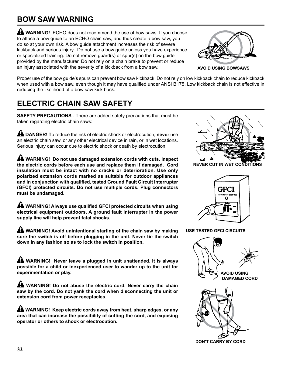 Bow saw warning, Electric chain saw safety | Echo CHAIN SAW SAFETY MANUAL User Manual | Page 32 / 36