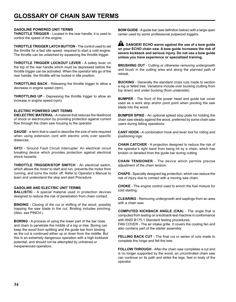 Glossary of chain saw terms | Echo CHAIN SAW SAFETY MANUAL User Manual | Page 34 / 36
