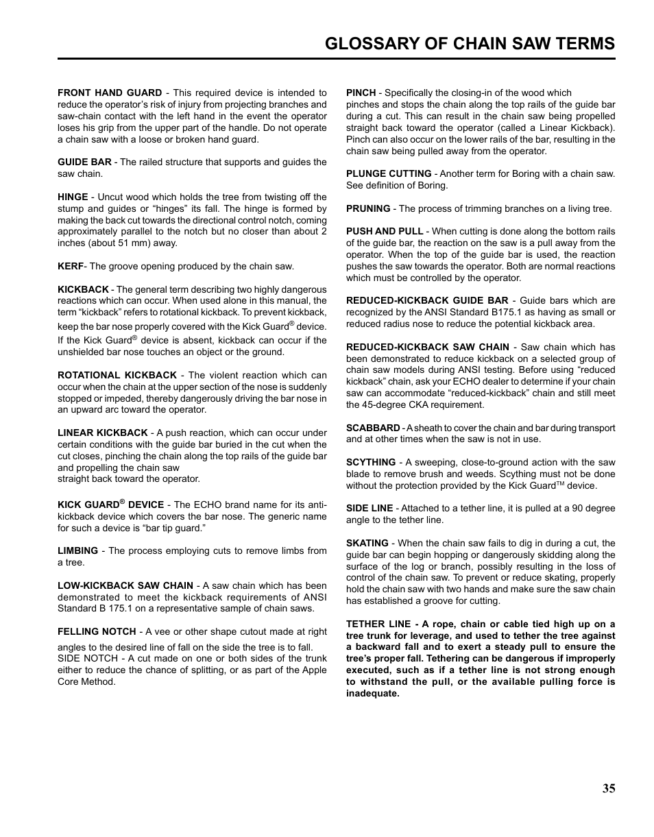 Glossary of chain saw terms | Echo CHAIN SAW SAFETY MANUAL User Manual | Page 35 / 36