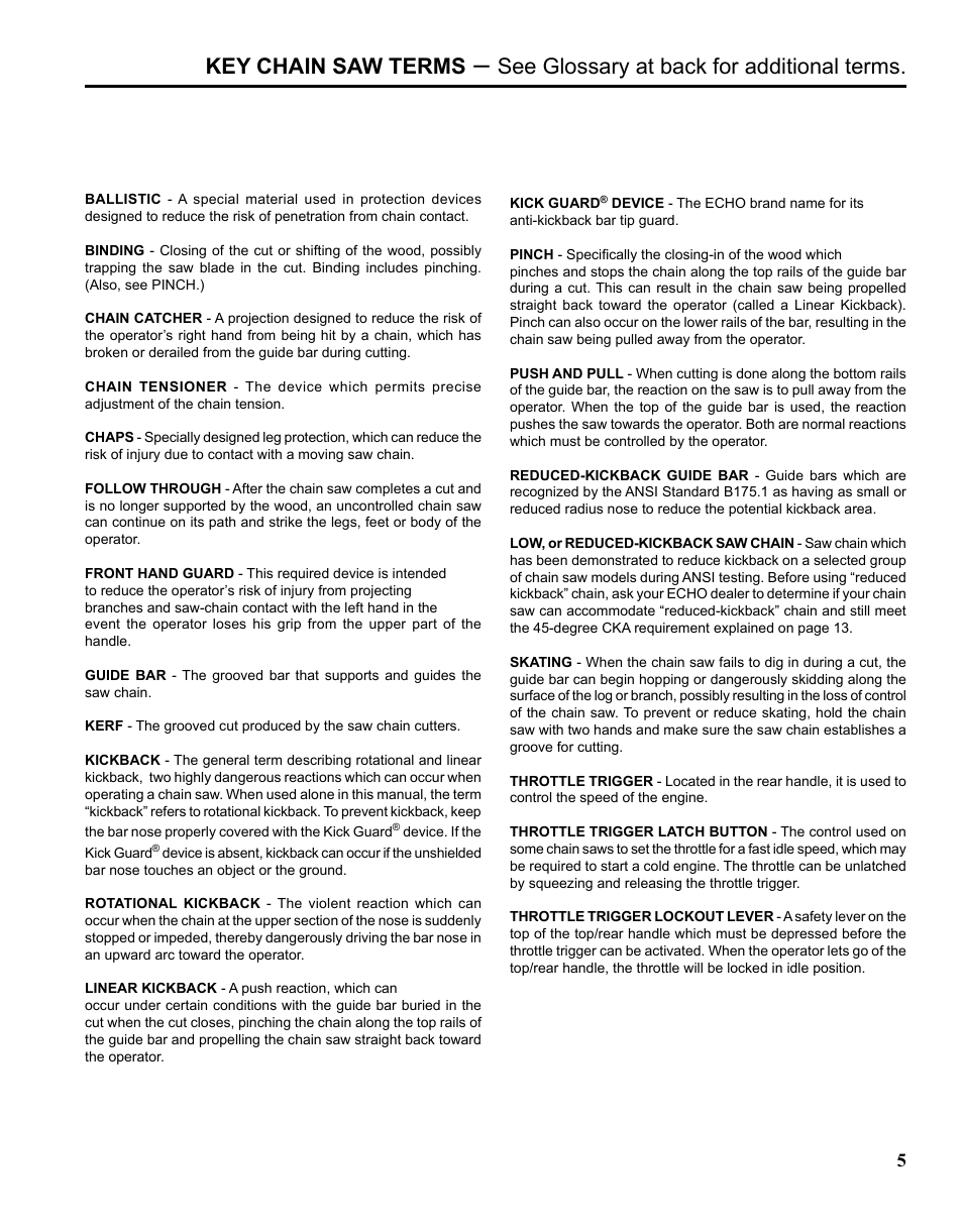 Key chain saw terms, See glossary at back for additional terms | Echo CHAIN SAW SAFETY MANUAL User Manual | Page 5 / 36