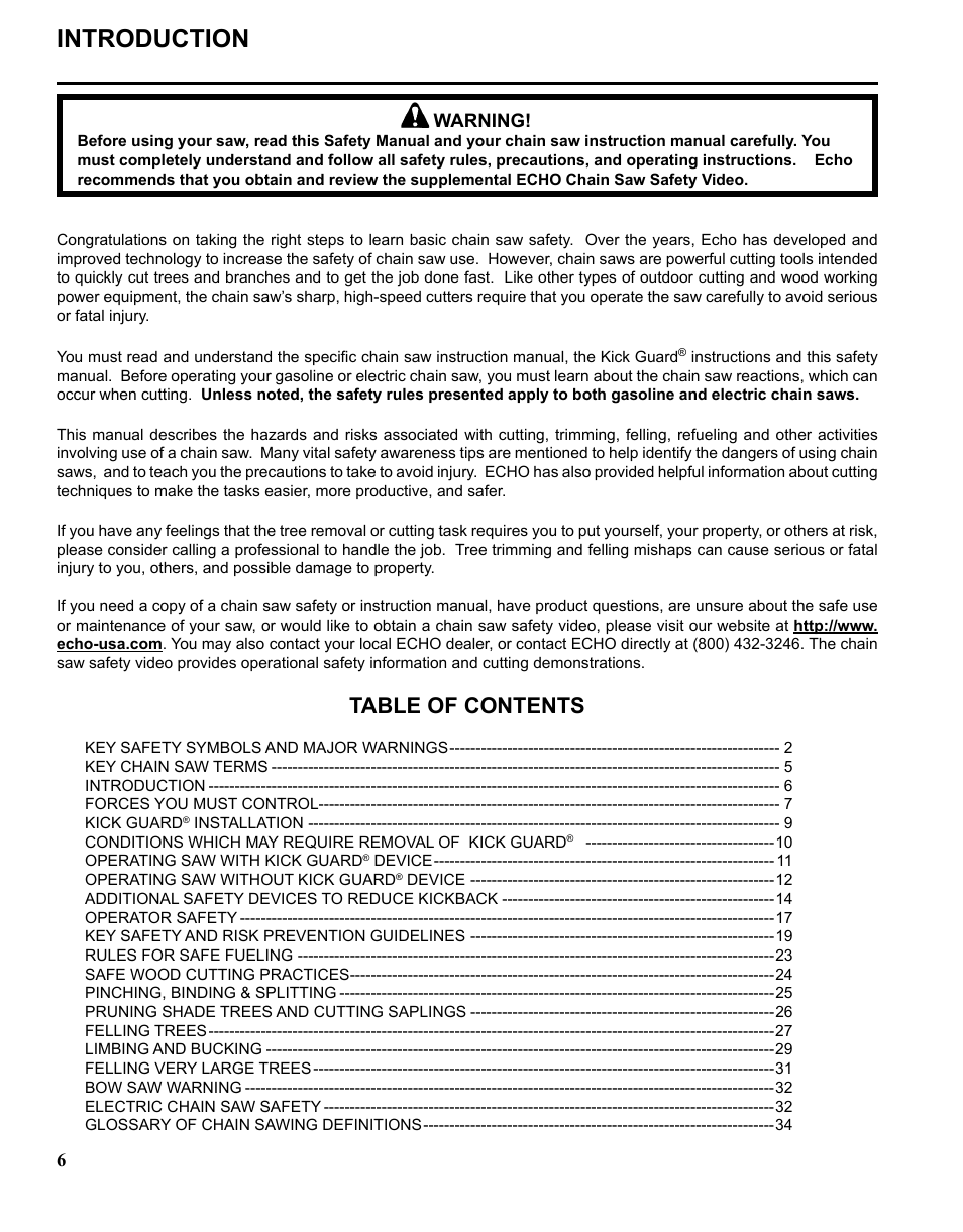 Echo CHAIN SAW SAFETY MANUAL User Manual | Page 6 / 36