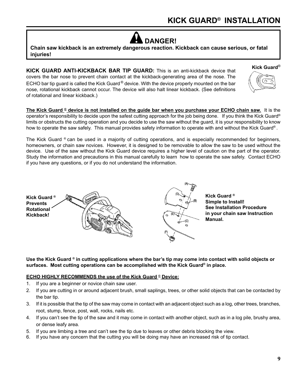Kick guard, Installation, Danger | Echo CHAIN SAW SAFETY MANUAL User Manual | Page 9 / 36