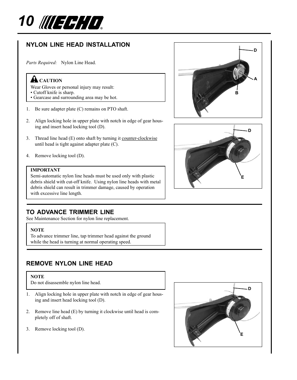 Nylon line head installation, To advance trimmer line, Nylon line replacement | Remove nylon line head | Echo SRM-280T Serial S74212001001 - S74212028775 User Manual | Page 10 / 36