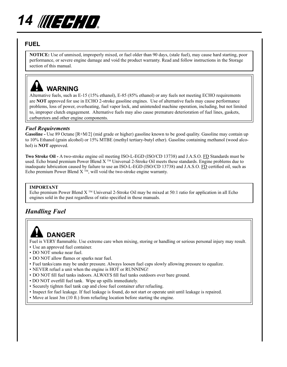 Fuel, Warning, Handling fuel | Danger | Echo SRM-280T Serial S74212001001 - S74212028775 User Manual | Page 14 / 36