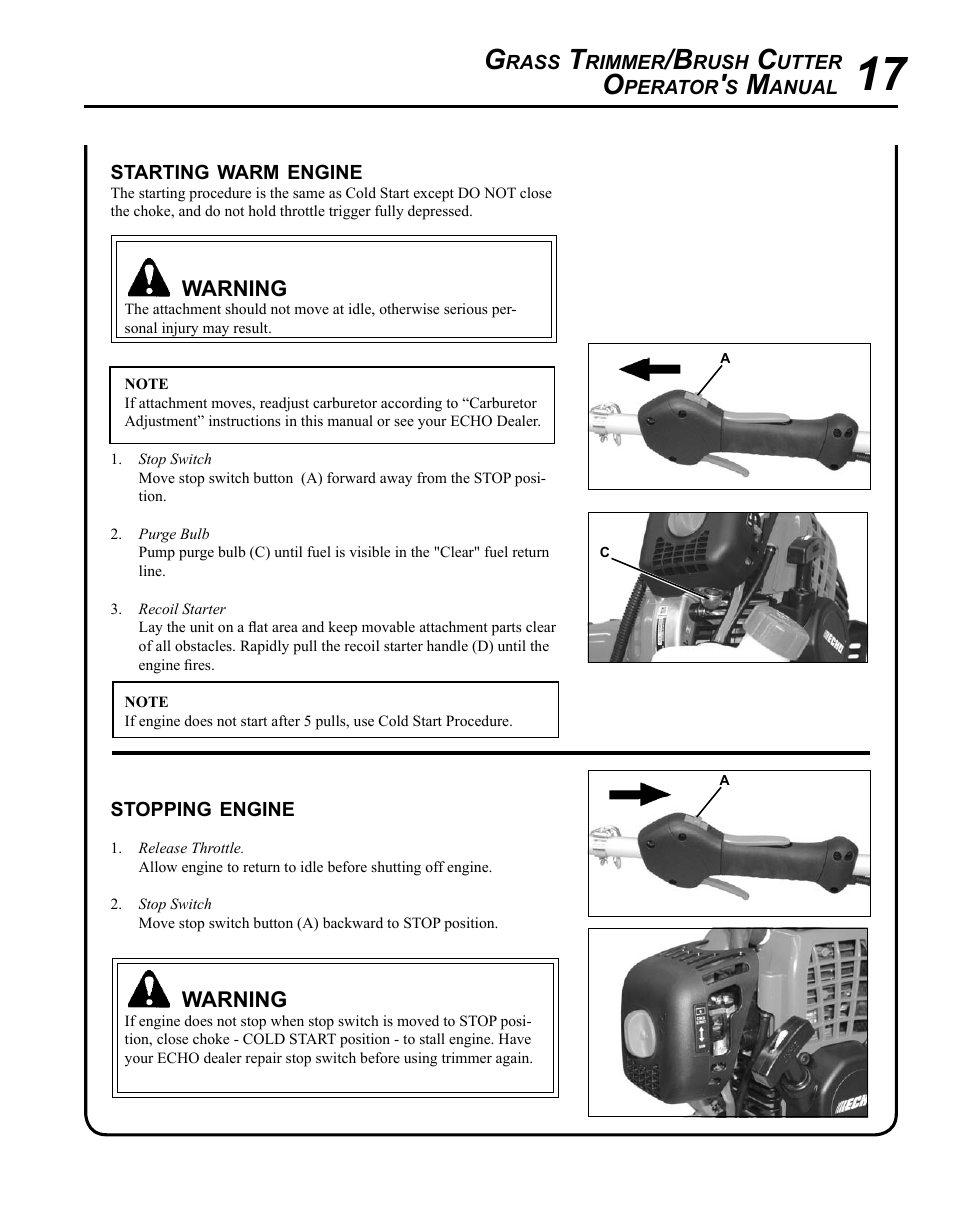 Starting warm engine, Stopping engine | Echo SRM-280T Serial S74212001001 - S74212028775 User Manual | Page 17 / 36