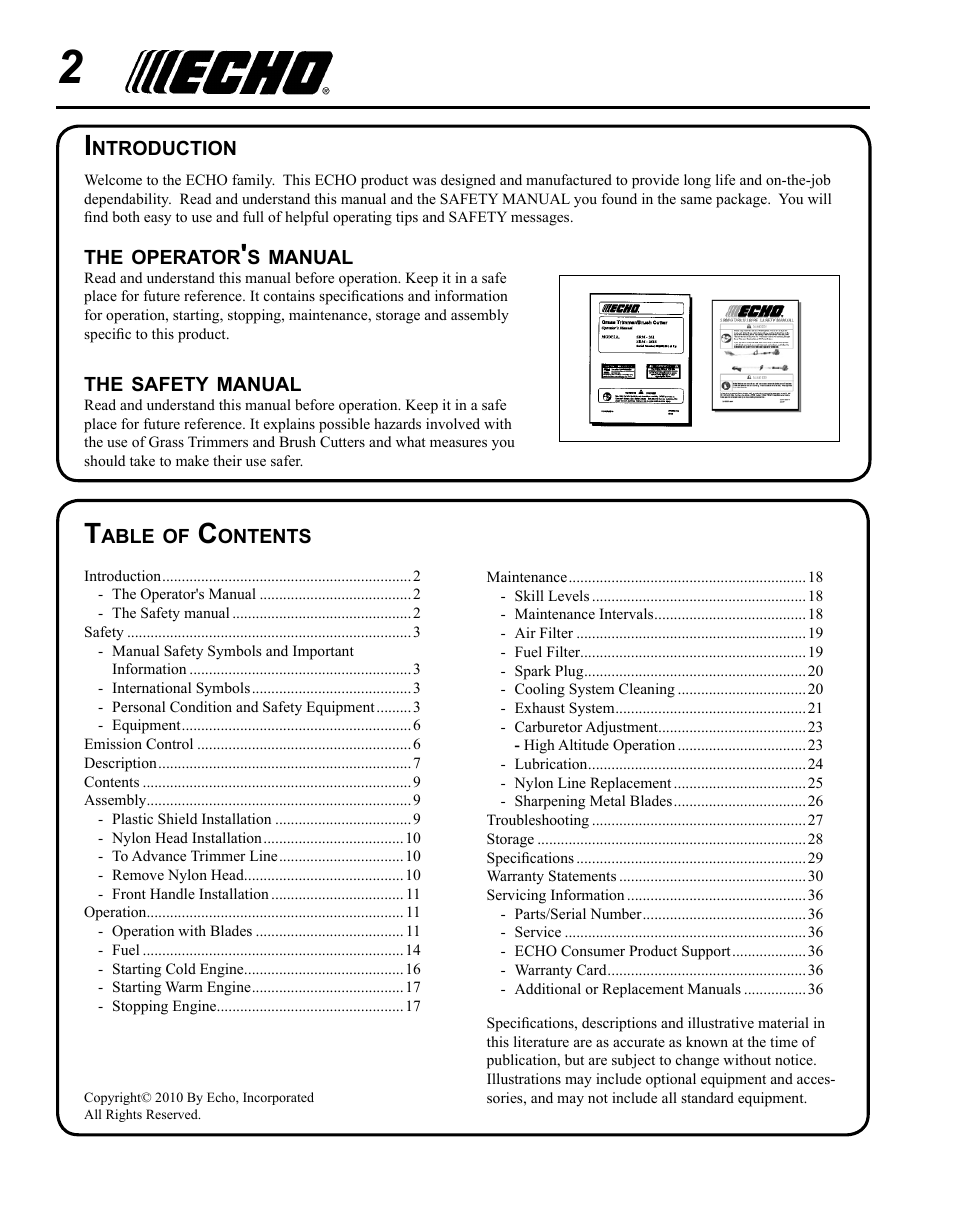 Echo SRM-280T Serial S74212001001 - S74212028775 User Manual | Page 2 / 36