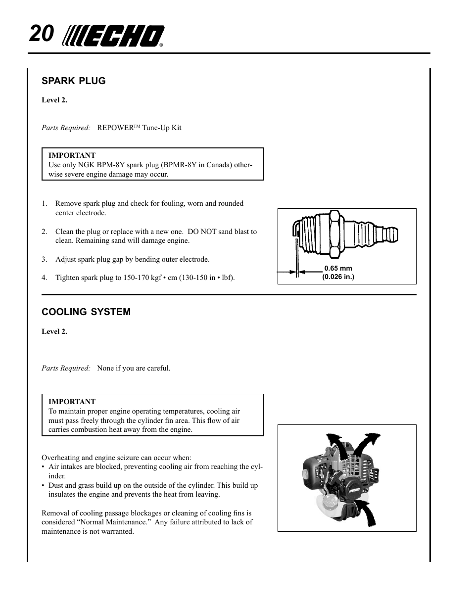 Spark plug, Cooling system | Echo SRM-280T Serial S74212001001 - S74212028775 User Manual | Page 20 / 36