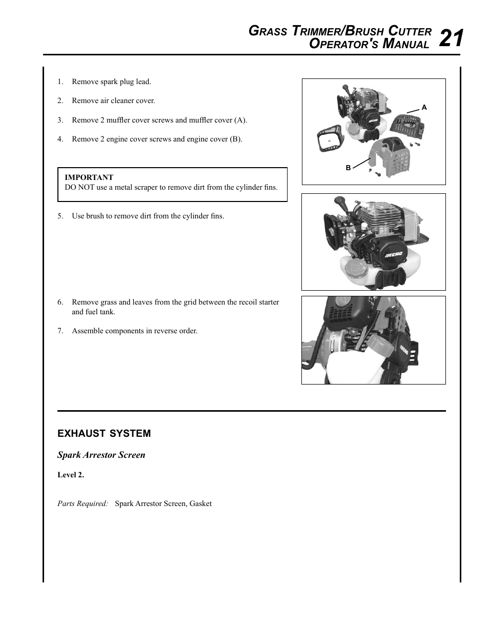 Exhaust system | Echo SRM-280T Serial S74212001001 - S74212028775 User Manual | Page 21 / 36