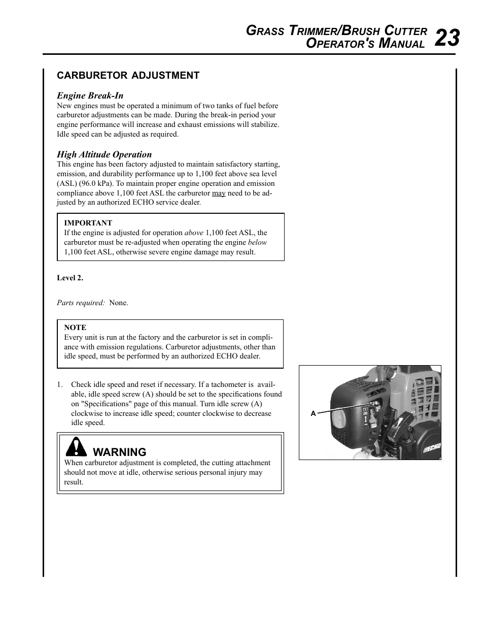 Carburetor adjustment | Echo SRM-280T Serial S74212001001 - S74212028775 User Manual | Page 23 / 36