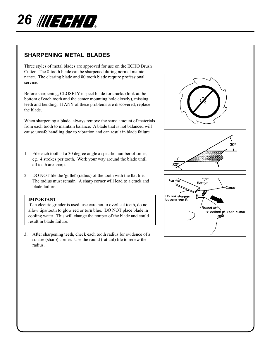 Sharpening metal blades | Echo SRM-280T Serial S74212001001 - S74212028775 User Manual | Page 26 / 36