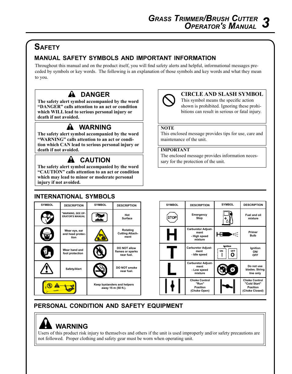 Safety, Warning, Caution | Danger, Rass, Rimmer, Rush, Utter, Perator, Anual | Echo SRM-280T Serial S74212001001 - S74212028775 User Manual | Page 3 / 36