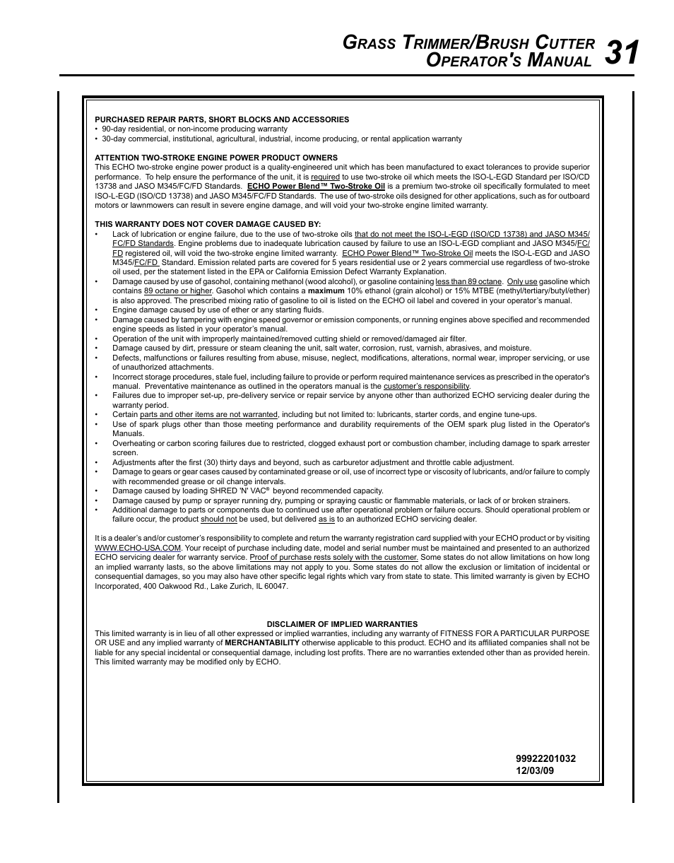 Rass, Rimmer, Rush | Utter, Perator, Anual | Echo SRM-280T Serial S74212001001 - S74212028775 User Manual | Page 31 / 36