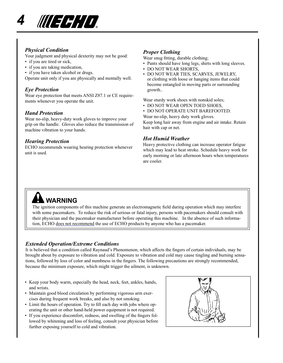 Warning | Echo SRM-280T Serial S74212001001 - S74212028775 User Manual | Page 4 / 36