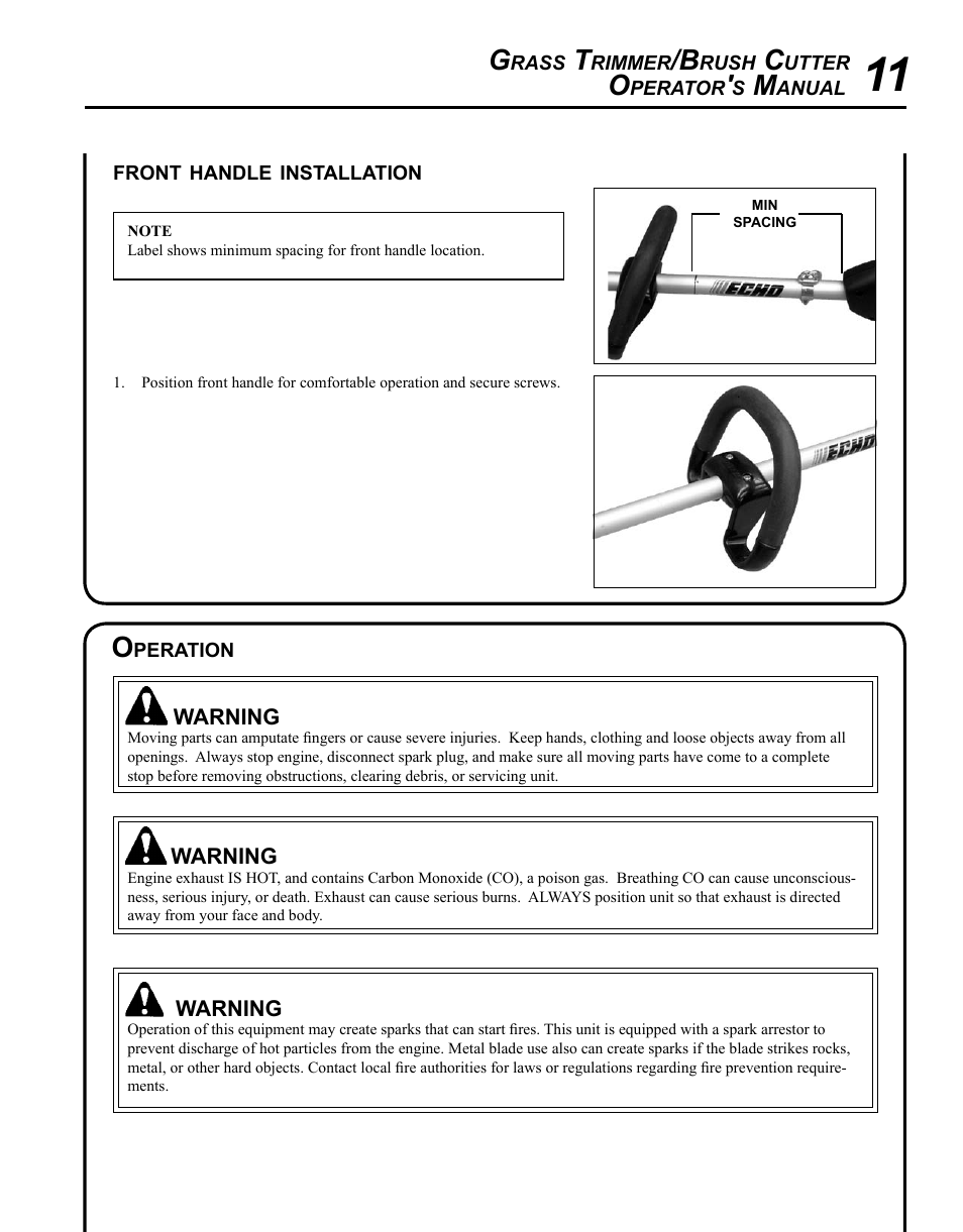 Front handle installation, Operation | Echo SRM-280T Serial S74212028776 - S74212040474 User Manual | Page 11 / 36