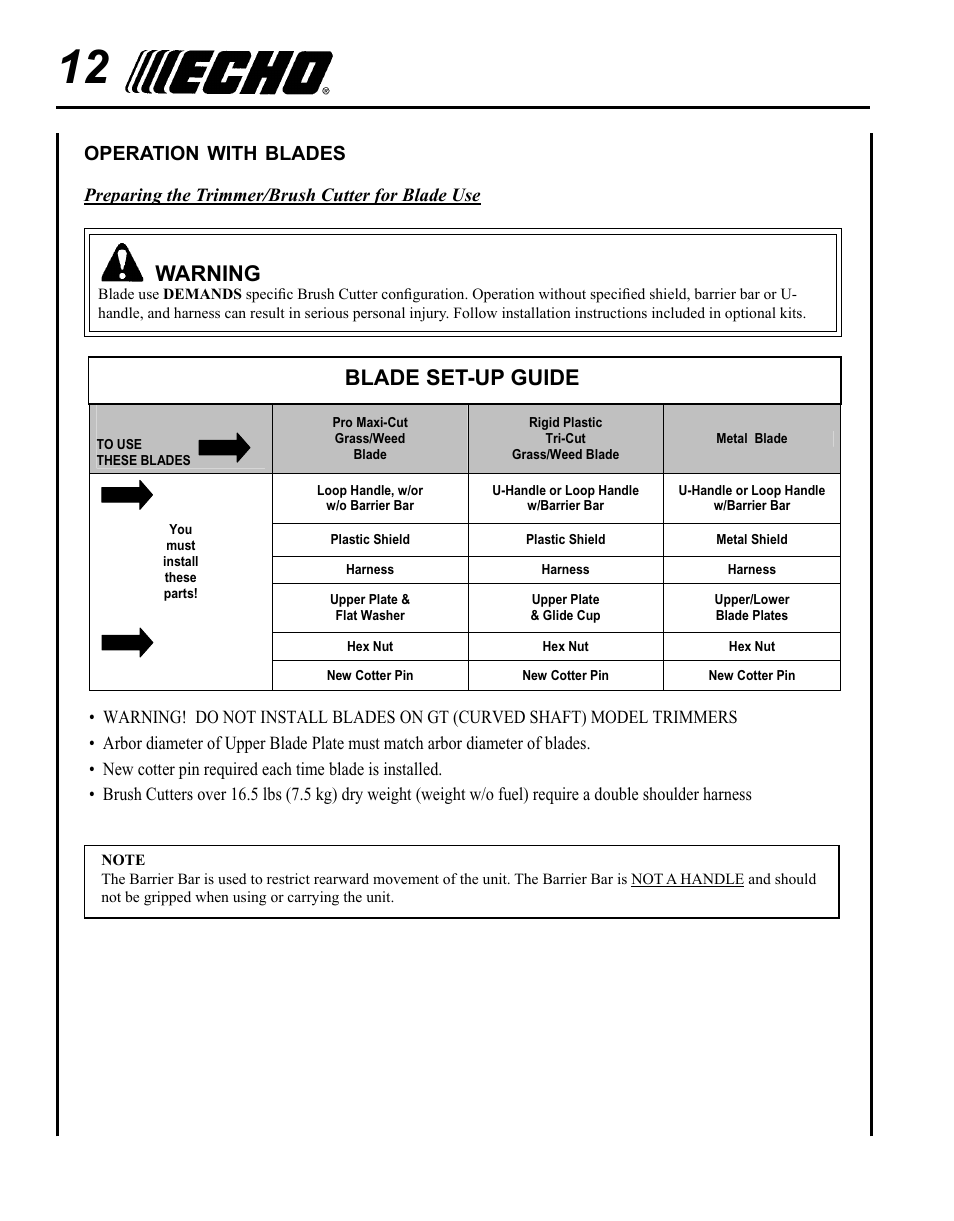 Operation with blades, Warning, Blade set-up guide | Operation, With, Blades | Echo SRM-280T Serial S74212028776 - S74212040474 User Manual | Page 12 / 36