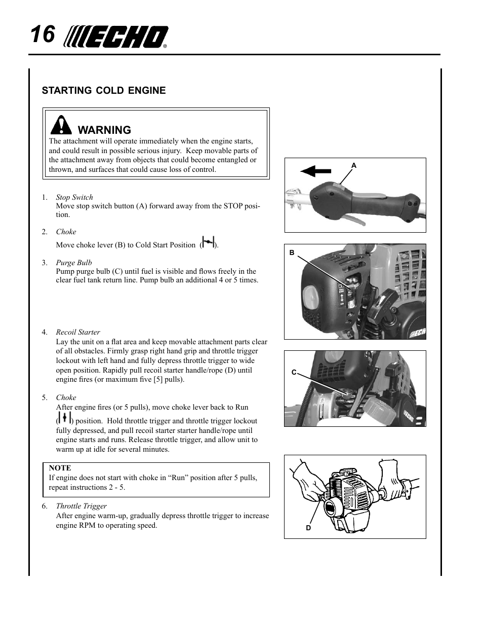 Starting cold engine, Warning | Echo SRM-280T Serial S74212028776 - S74212040474 User Manual | Page 16 / 36