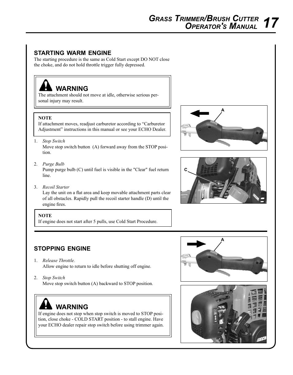 Starting warm engine, Stopping engine | Echo SRM-280T Serial S74212028776 - S74212040474 User Manual | Page 17 / 36