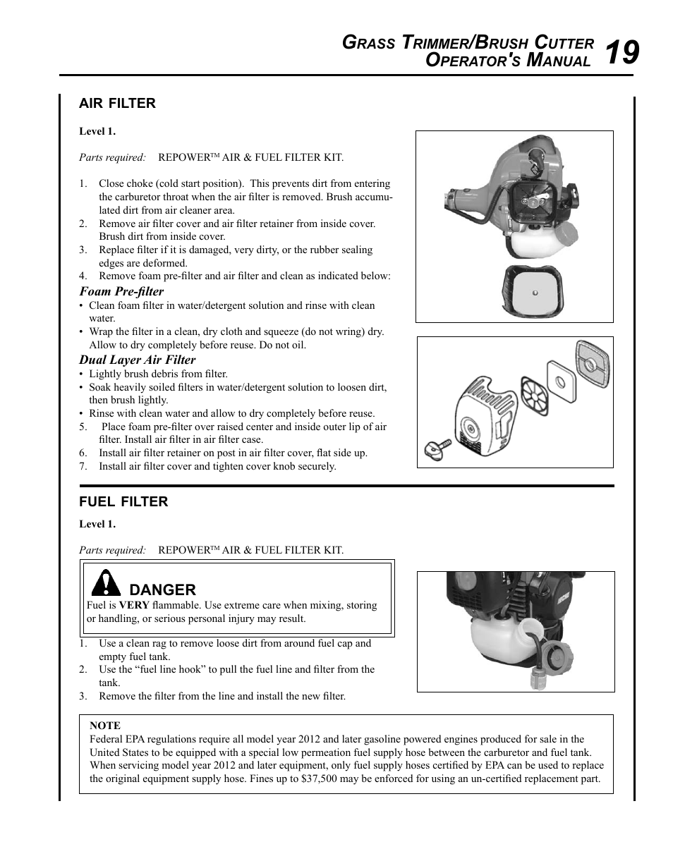 Air filter, Fuel filter | Echo SRM-280T Serial S74212028776 - S74212040474 User Manual | Page 19 / 36