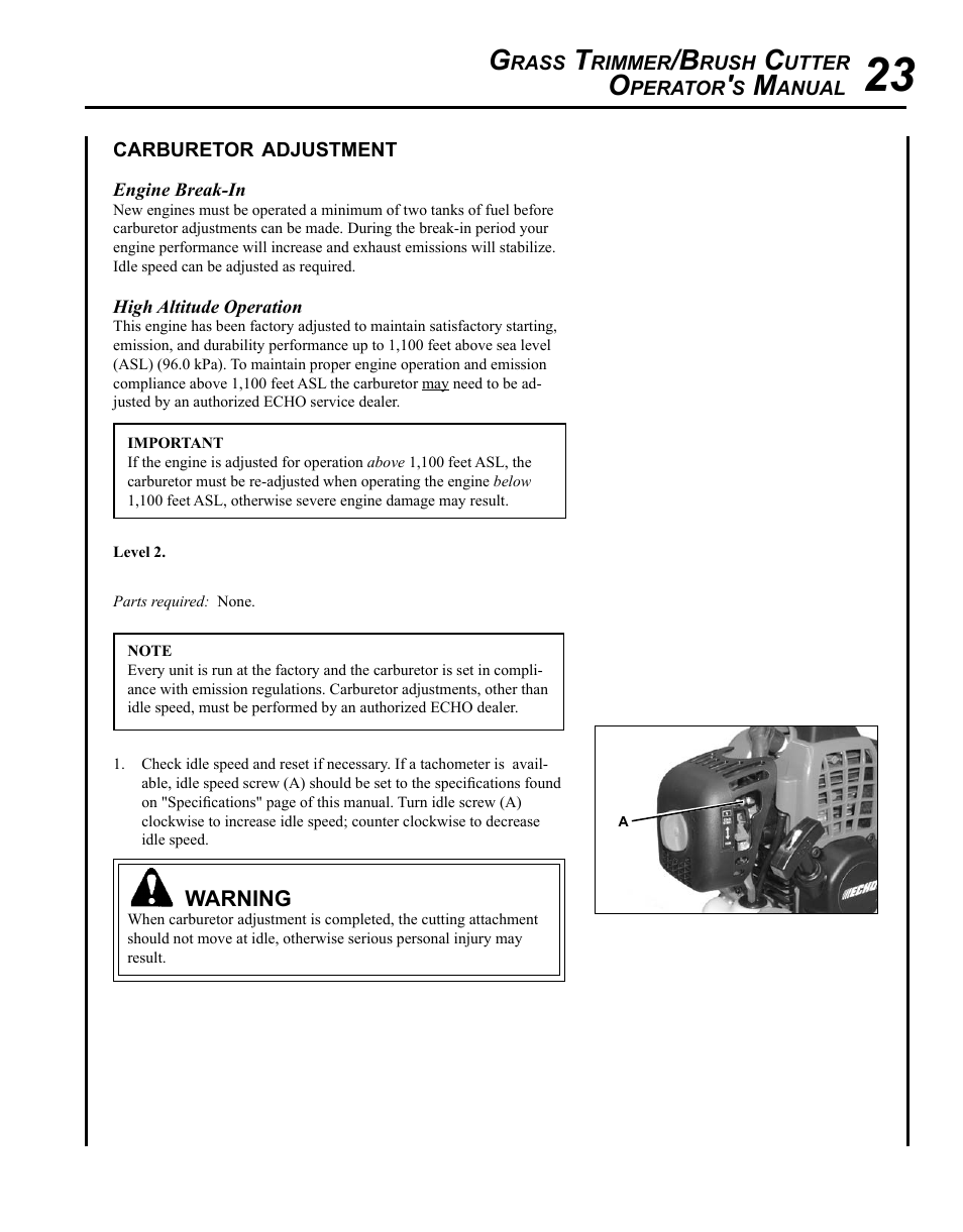 Carburetor adjustment | Echo SRM-280T Serial S74212028776 - S74212040474 User Manual | Page 23 / 36