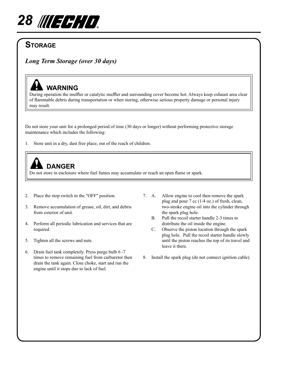 Storage, Danger, Long term storage (over 30 days) warning | Echo SRM-280T Serial S74212028776 - S74212040474 User Manual | Page 28 / 36
