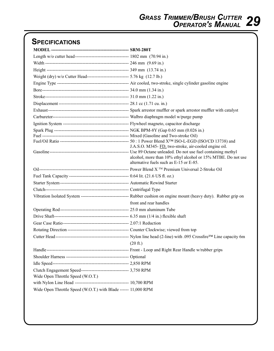 Specifications | Echo SRM-280T Serial S74212028776 - S74212040474 User Manual | Page 29 / 36