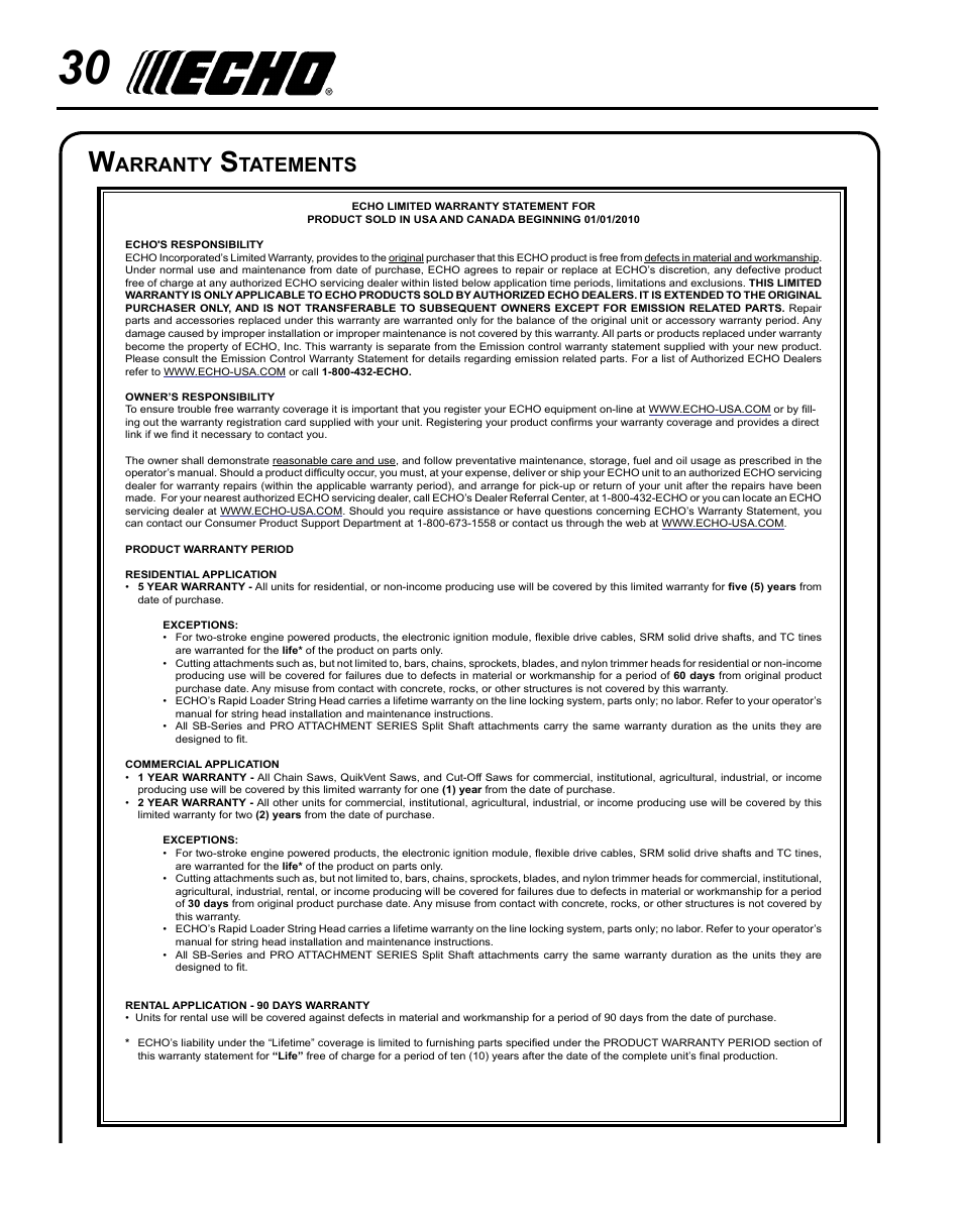 Warranty statements, Arranty, Tatements | Echo SRM-280T Serial S74212028776 - S74212040474 User Manual | Page 30 / 36