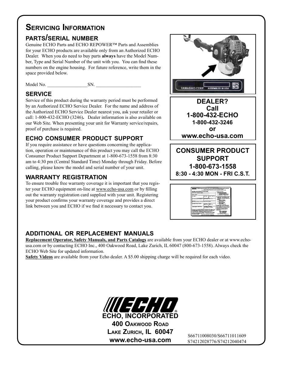 Servicing information | Echo SRM-280T Serial S74212028776 - S74212040474 User Manual | Page 36 / 36