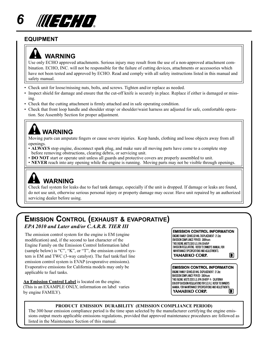 Emission control (exhaust & evaporative) | Echo SRM-280T Serial S74212028776 - S74212040474 User Manual | Page 6 / 36