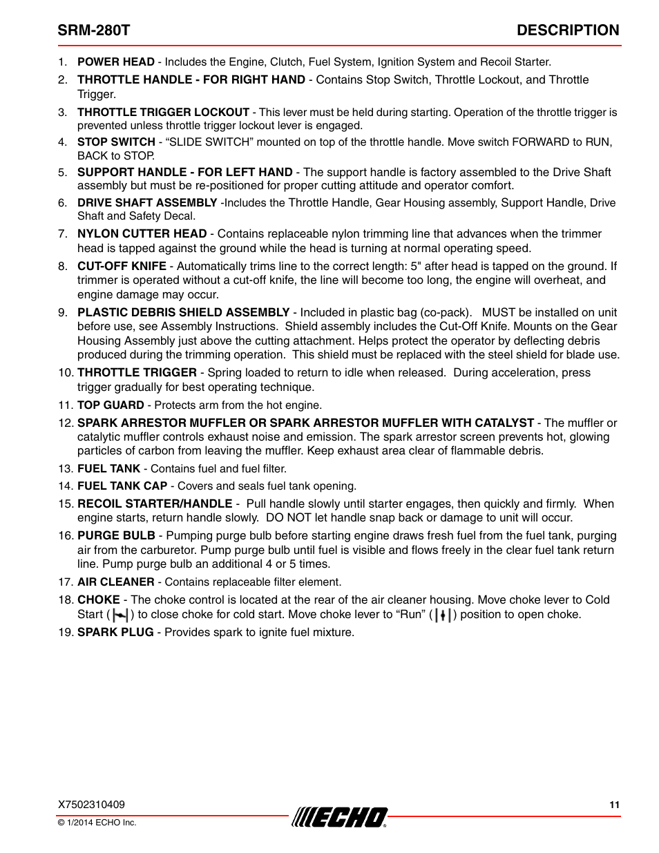 Srm-280t description | Echo SRM-280T Serial S74212040475 - S74212999999 User Manual | Page 11 / 36