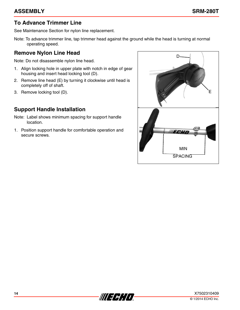 To advance trimmer line, Remove nylon line head, Support handle installation | Assembly srm-280t to advance trimmer line | Echo SRM-280T Serial S74212040475 - S74212999999 User Manual | Page 14 / 36