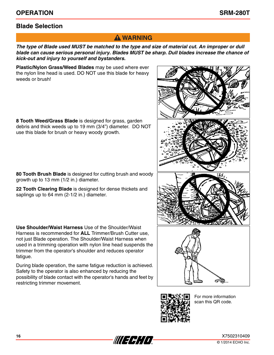 Blade selection, Operation srm-280t blade selection | Echo SRM-280T Serial S74212040475 - S74212999999 User Manual | Page 16 / 36