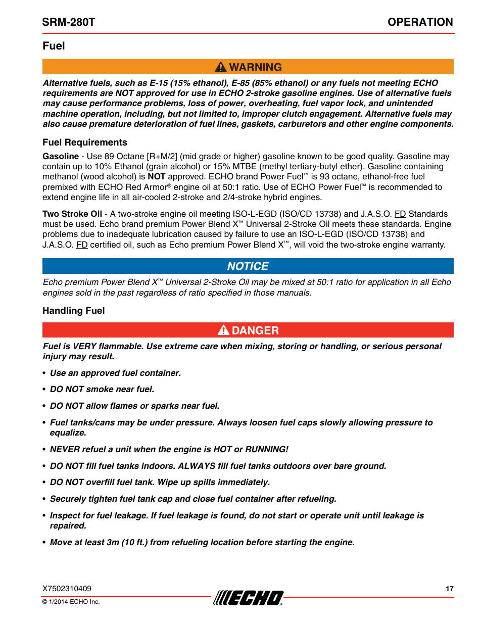Fuel, Fuel requirements, Handling fuel | Srm-280t operation | Echo SRM-280T Serial S74212040475 - S74212999999 User Manual | Page 17 / 36