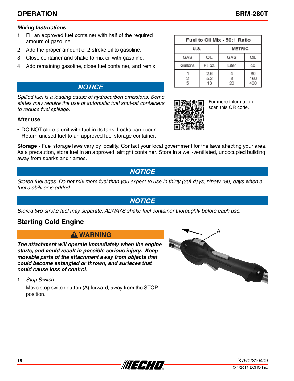 Starting cold engine, Operation srm-280t | Echo SRM-280T Serial S74212040475 - S74212999999 User Manual | Page 18 / 36