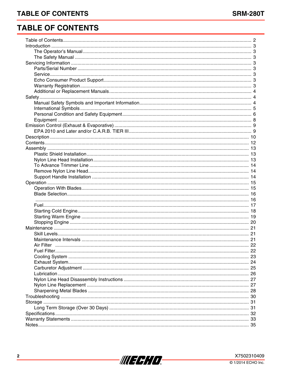 Echo SRM-280T Serial S74212040475 - S74212999999 User Manual | Page 2 / 36