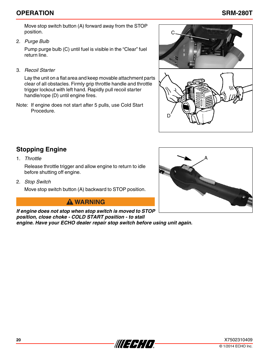 Stopping engine, Operation srm-280t | Echo SRM-280T Serial S74212040475 - S74212999999 User Manual | Page 20 / 36