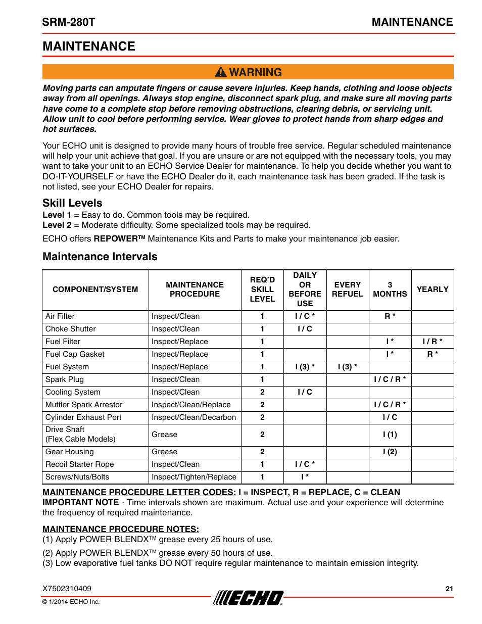 Maintenance, Skill levels, Maintenance intervals | Skill levels maintenance intervals, Srm-280t maintenance | Echo SRM-280T Serial S74212040475 - S74212999999 User Manual | Page 21 / 36