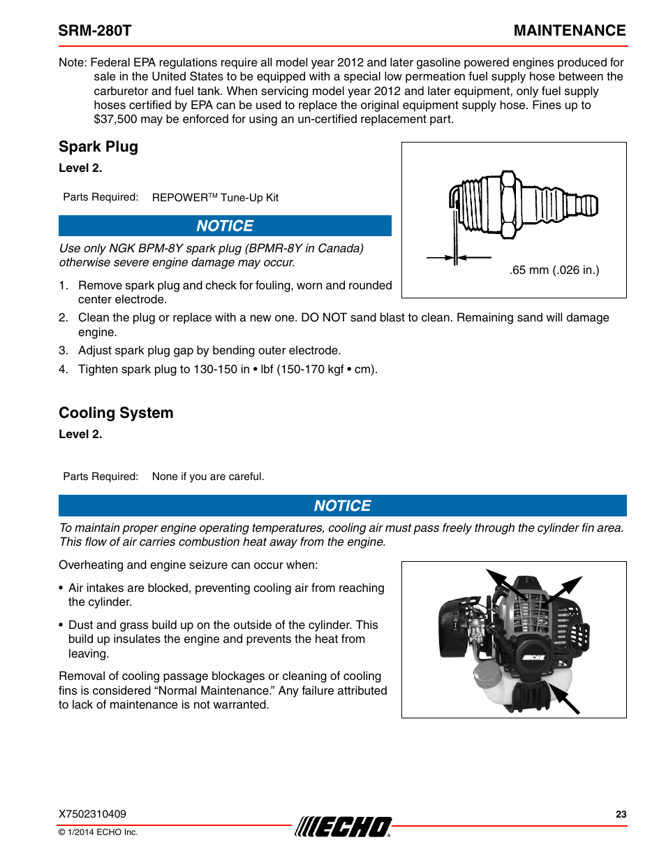 Spark plug, Cooling system, Srm-280t maintenance | Echo SRM-280T Serial S74212040475 - S74212999999 User Manual | Page 23 / 36