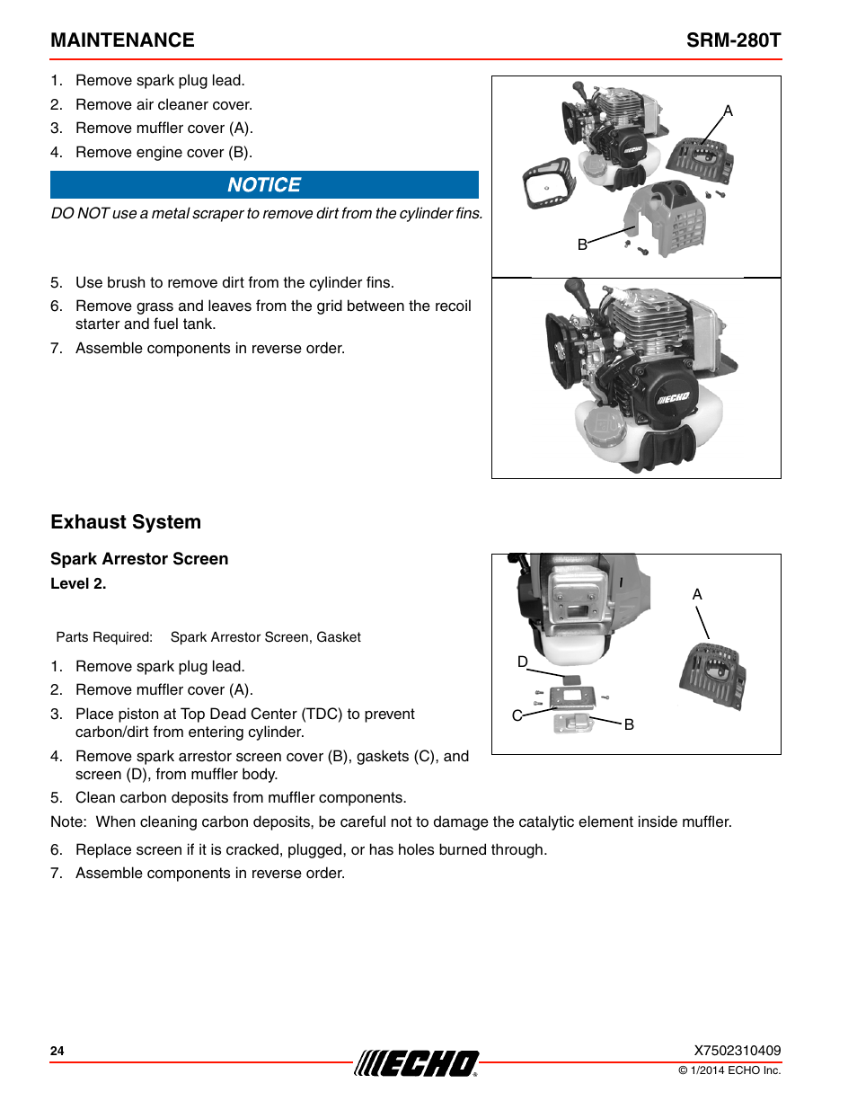 Exhaust system, Spark arrestor screen, Maintenance srm-280t | Echo SRM-280T Serial S74212040475 - S74212999999 User Manual | Page 24 / 36