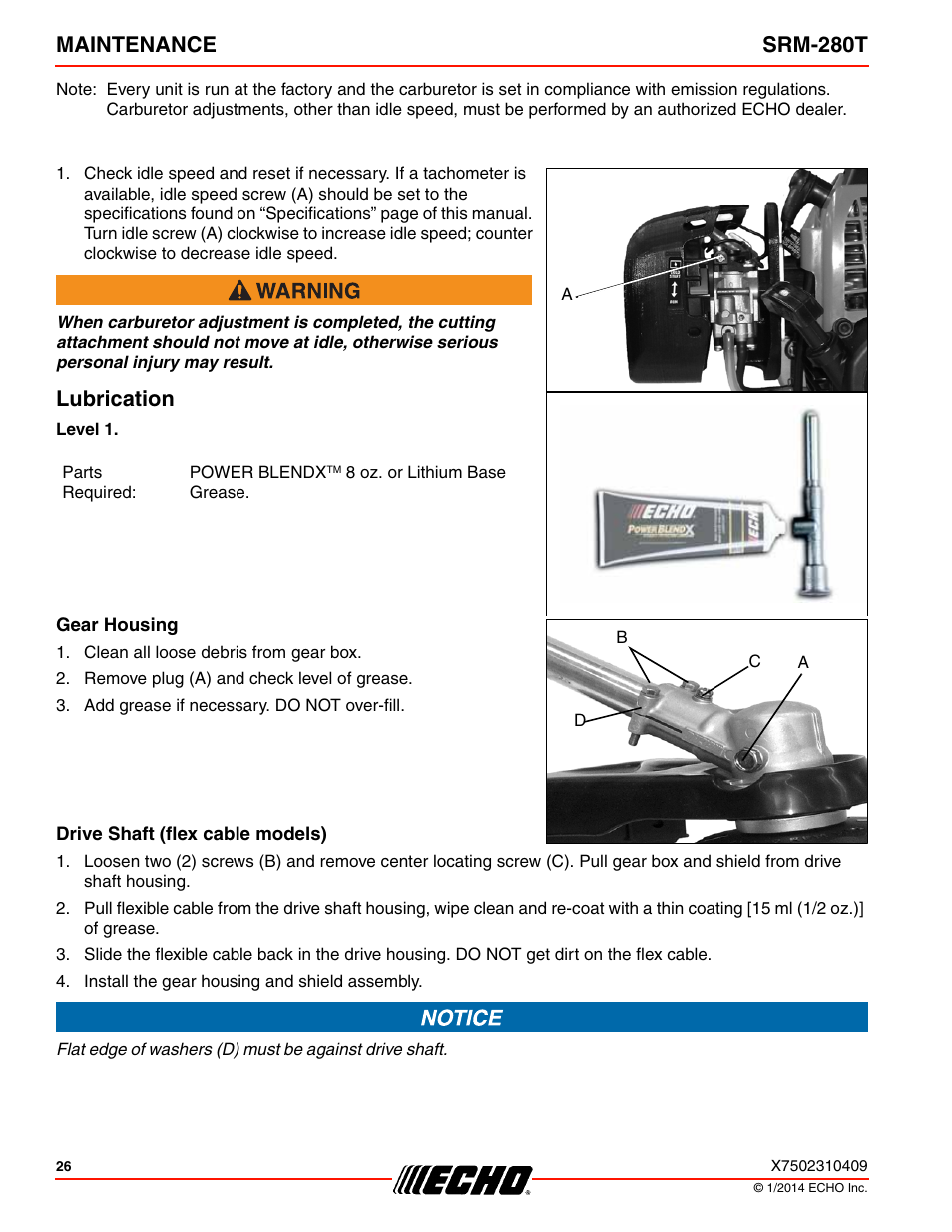 Lubrication, Gear housing, Drive shaft (flex cable models) | Maintenance srm-280t | Echo SRM-280T Serial S74212040475 - S74212999999 User Manual | Page 26 / 36