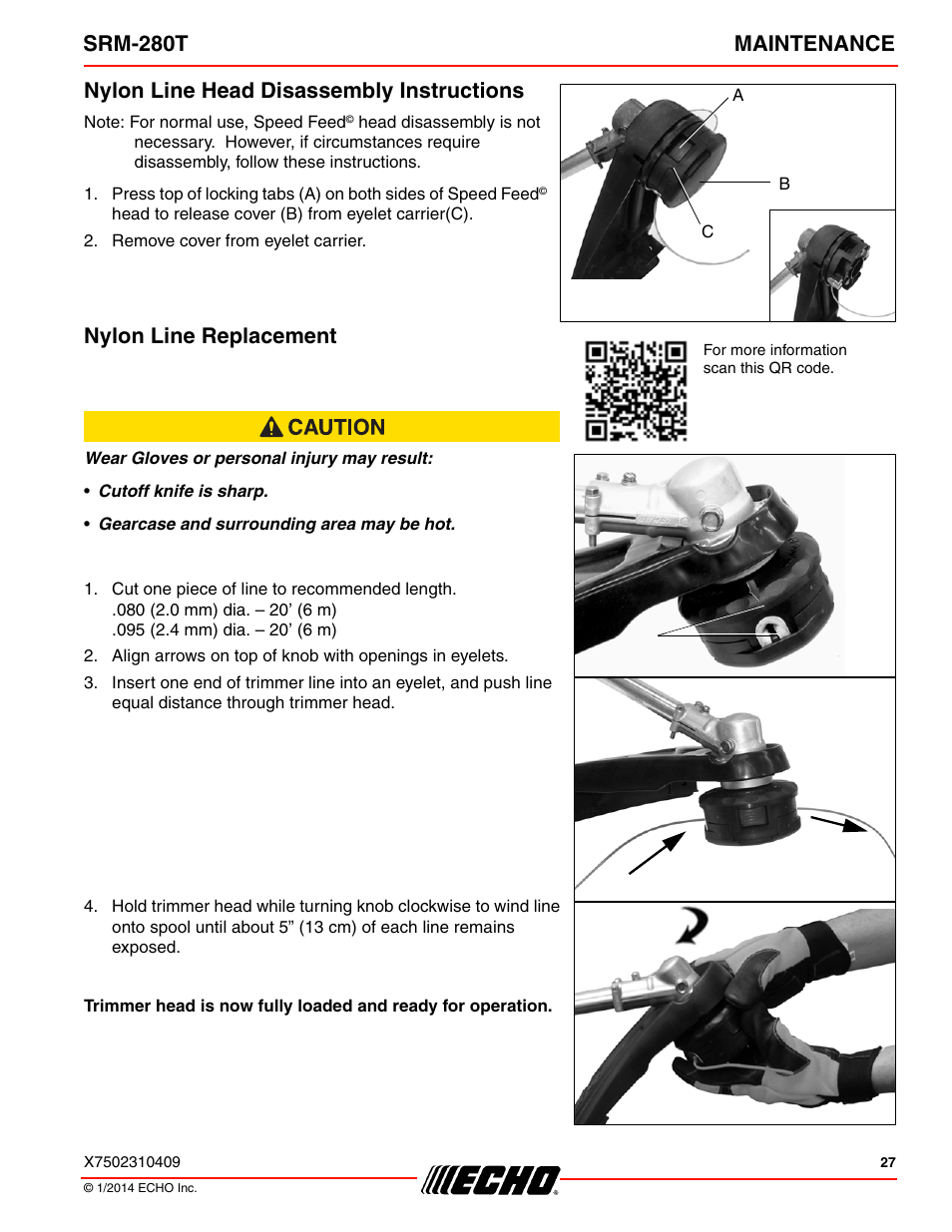 Nylon line head disassembly instructions, Nylon line replacement, Srm-280t maintenance | Echo SRM-280T Serial S74212040475 - S74212999999 User Manual | Page 27 / 36