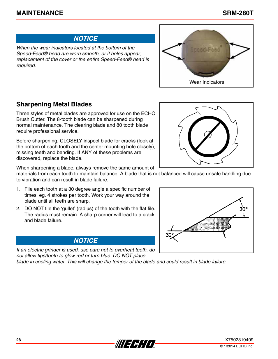 Sharpening metal blades, Maintenance srm-280t | Echo SRM-280T Serial S74212040475 - S74212999999 User Manual | Page 28 / 36