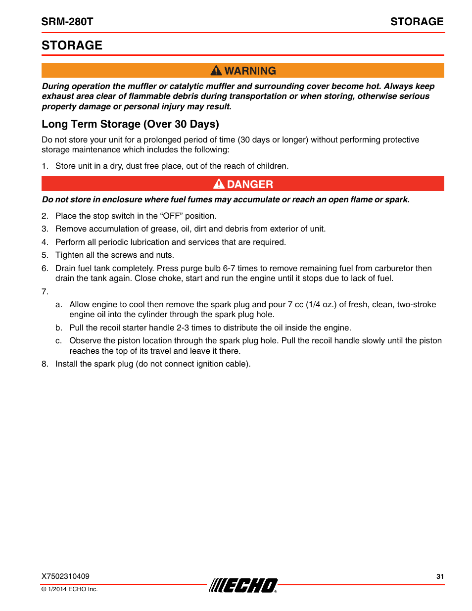 Storage, Long term storage (over 30 days), Srm-280t storage | Echo SRM-280T Serial S74212040475 - S74212999999 User Manual | Page 31 / 36