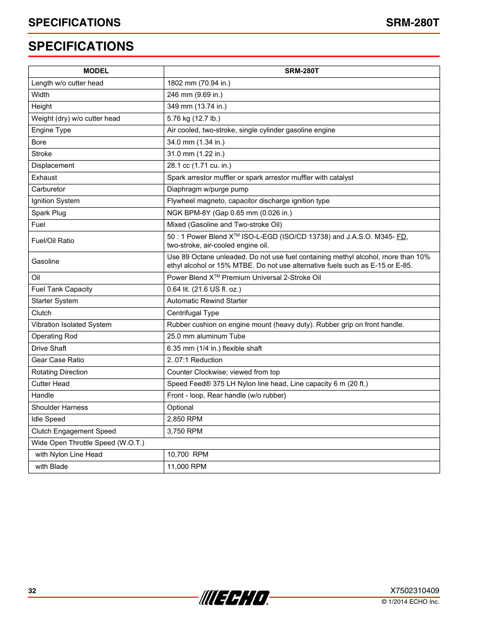Specifications, Specifications srm-280t | Echo SRM-280T Serial S74212040475 - S74212999999 User Manual | Page 32 / 36