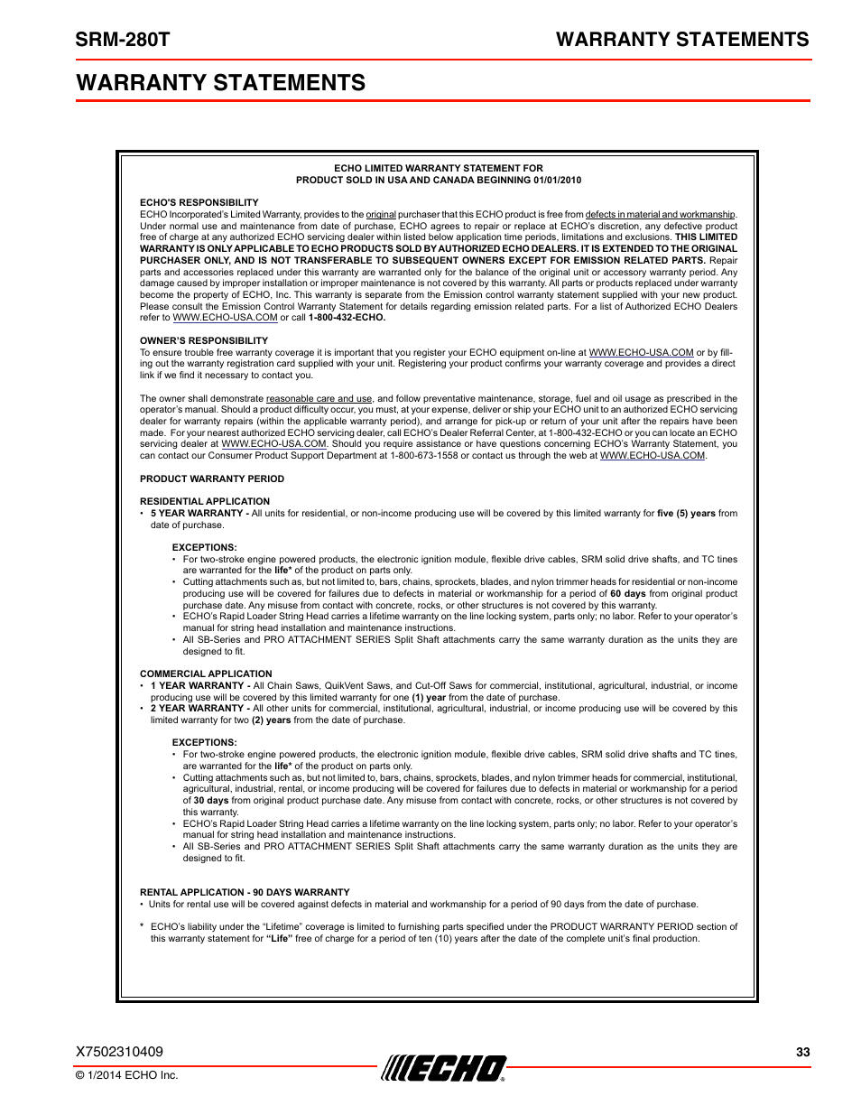 Warranty statements, Srm-280t warranty statements | Echo SRM-280T Serial S74212040475 - S74212999999 User Manual | Page 33 / 36